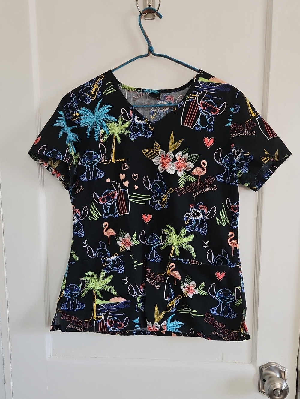 Disney Black Tropical Stitch V-Neck Short Sleeve Scrub Top